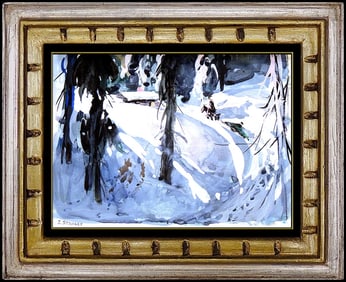 Joseph Stahley Signed Original Oil Winter Landscape Horse Cabin Painting Art