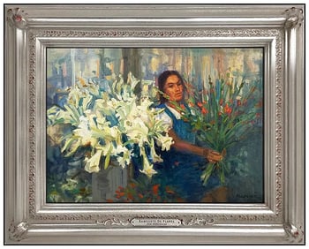 Joe Abbrescia Signed Original Oil Female Floral Portrait Painting on Board
