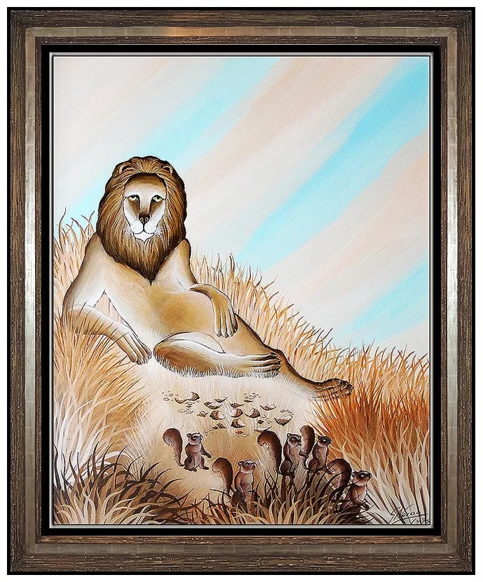 Gustavo Novoa Signed Original Large Oil Lion Animal Painting on Board Art