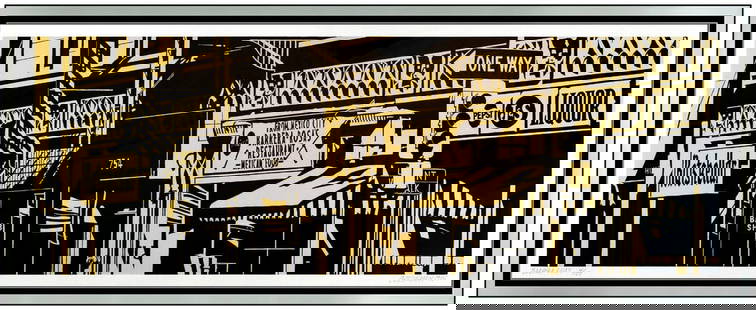 Robert Cottingham Signed Barrera Rosas Color Linoleum Large Framed Art: This lot includes:Gallery COA & free domestic shipping (*insurance and international shipping for an additional charge)Artist: Robert CottinghamTitle: Barrera Rosa's Medium: Color LinoleumSize: 22" x