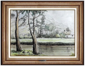 Paul Emile Pissarro Signed Original Watercolor French Landscape Painting Framed