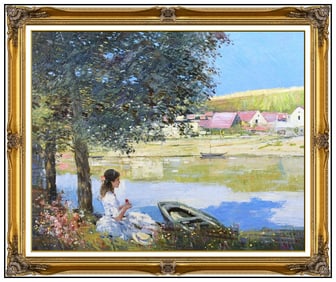 An He Signed Original Oil Hans Amis Portrait Landscape Painting on Canvas
