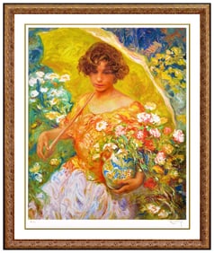 Jose Royo Signed El Jarron Manises Color Serigraph Female Portrait Flower Art