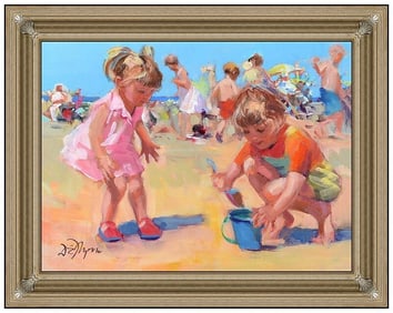 Dianne Flynn Signed Original Oil Kids Beach Landscape Painting on Canvas Art