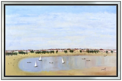 Georgy Totibadze Signed Original Oil Harbor Landscape Painting on Canvas Framed