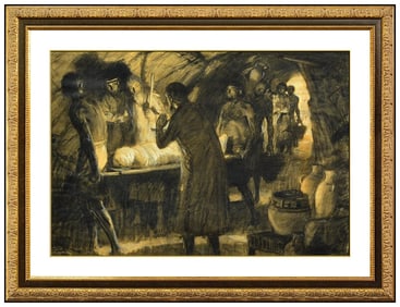 Tom Lovell Signed Original Charcoal Pastel Figurative Drawing Framed Art