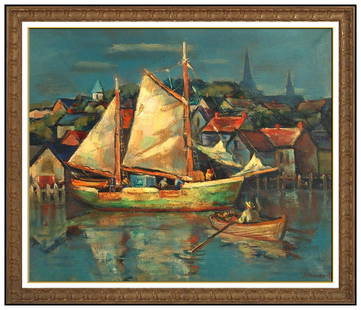 Stephan Chizmarik Signed Original Oil Harbor Landscape Painting on Canvas Framed: This lot includes:Gallery COA & free domestic shipping (*insurance and international shipping for an additional charge)Artist: Stephan ChizmarikTitle: Tender in the HarborMedium: Oil Painting On Canva