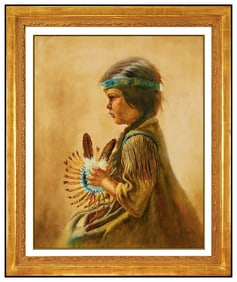 Gregory Perillo Signed Original Oil Native American Child Portrait Painting Canvas