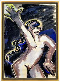 Elvira Bach Signed Original Large Gouache Female Portrait Painting Framed Art