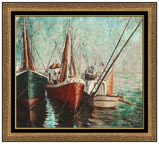 Gordon Hope Grant Signed Original Oil Boat Harbor Landscape Painting on Board