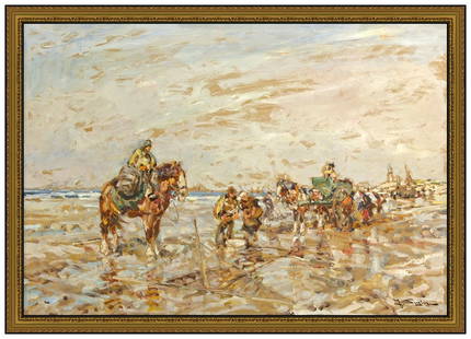 Julius Seyler Signed Original Large Oil Beach Landscape Painting on Board Framed: This lot includes:Gallery COA & free domestic shipping (*insurance and international shipping for an additional charge)Artist: Julius SeylerTitle: Low Tide GatheringMedium: Oil Painting on BoardSize: