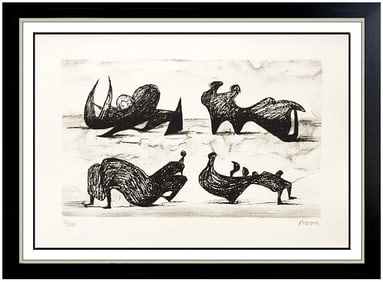 Henry Moore Signed Original Lithograph Silhouette Figures Abstract Framed Art