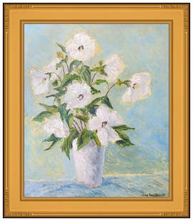 John Wells James Signed Original Oil Still Life Flowers Painting Framed Art: This lot includes:Gallery COA & free domestic shipping (*insurance and international shipping for an additional charge)Artist: John Wells JamesTitle: Botanical RhapsodyMedium: oil painting on boardSiz