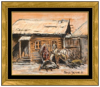 Pyotr Sokolov Signed Original Gouache Horses Barn Western Painting Framed Art