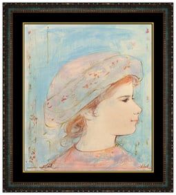 Edna Hibel Signed Original Oil Child Portrait Painting on Board Framed Art