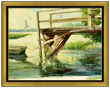 Victor Olson Signed Original Watercolor Landscape Painting on Board Framed Art