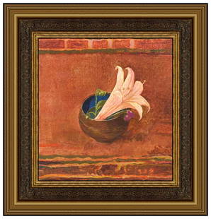 Irving Block Signed Original Oil Flowers Still Life Floral Painting on Board Art: This lot includes:Gallery COA & free domestic shipping (*insurance and international shipping for an additional charge)Artist: Irving BlockTitle: Amarylis & Viola in Brown VaseMedium: Oil Painting On