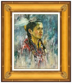 Karl Thomas Native American Portrait Oil Painting On Canvas Signed Framed Art