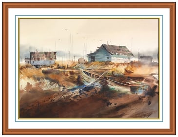 John Ebner Signed Original Watercolor Nautical Landscape Painting Framed Art