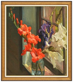 Gladys Nelson Smith Signed Original Oil Flowers Still Life Painting on Board