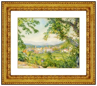 Edouard Chimot Signed Original Pastel Village Landscape Painting Framed Art