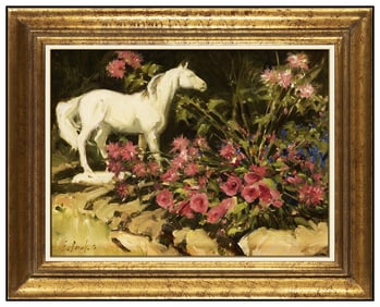 Tony Eubanks Signed Original Oil Still Life Flowers Horse Painting on Board Art