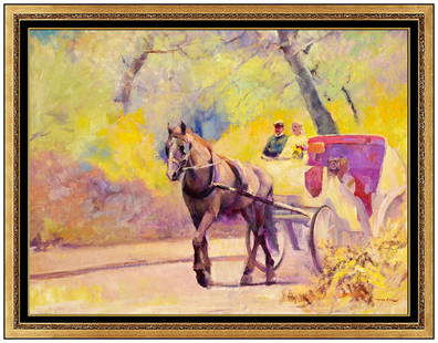 Hongnian Zhang Signed Original Large Oil Horse Painting on Canvas Framed Art: This lot includes:Gallery COA & free domestic shipping (*insurance and international shipping for an additional charge)Artist: HongNian ZhangTitle: A Romantic Ride through the Park Medium: Oil Paintin