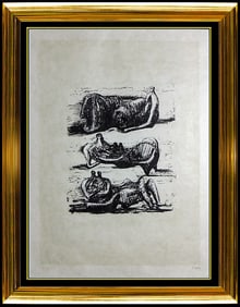 Henry Moore Signed Reclining Figures Lithograph Watercolor Framed Art
