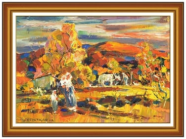 John E Costigan Signed Original Oil Landscape Figure Horse Painting on Canvas