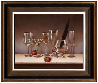 Mario Jung Signed Original Oil Interior Still Life Painting on Board Framed Art