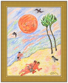 Emil Armin Signed Original Oil Beach Sunset Landscape Painting on Board Framed