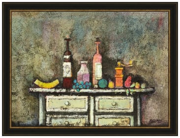 David Adickes Signed Original Large Oil Still Life Painting on Board Framed Art