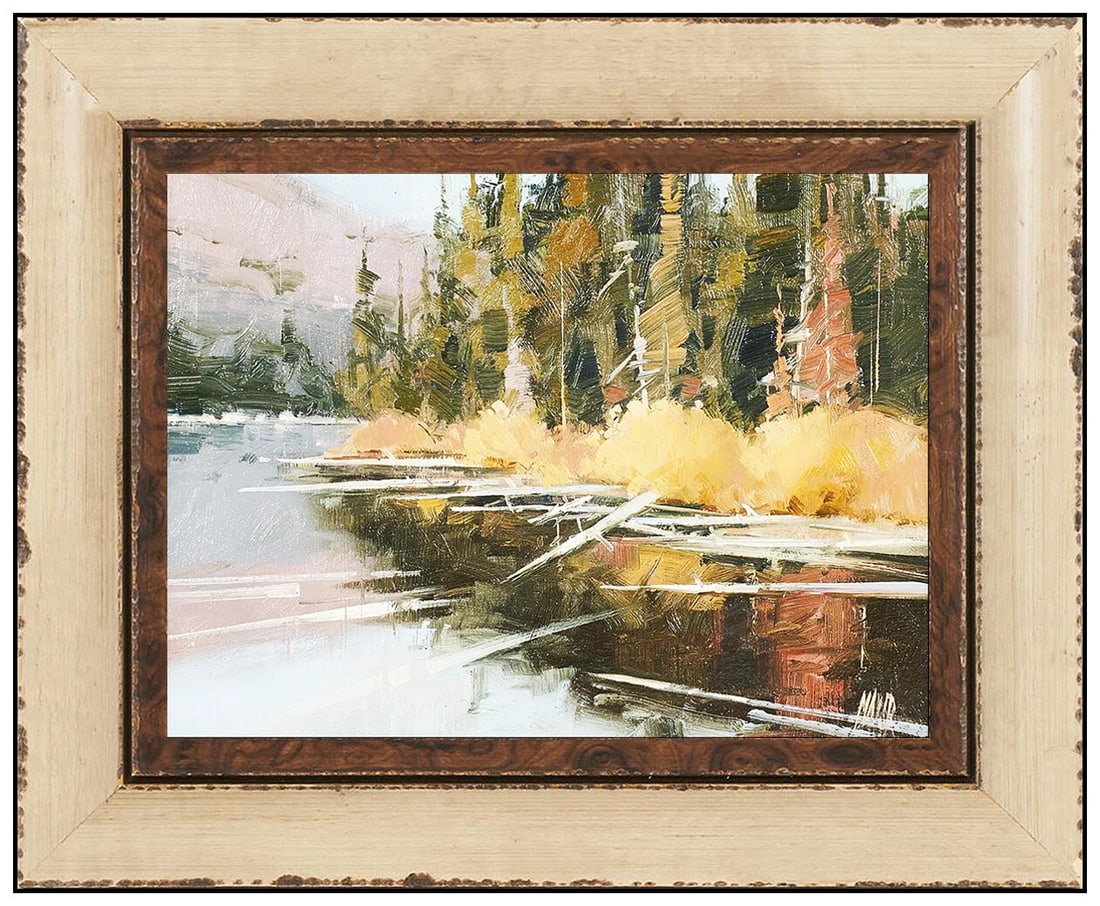 David B. Mayer Signed Original Oil Water Landscape Painting on Board Framed Art: This lot includes:Gallery COA & free domestic shipping (*insurance and international shipping for an additional charge)Artist: David B. Mayer Title: Lakeside in AutumnMedium: Oil On BoardSize: 6" x 8"