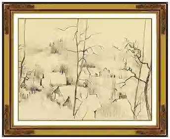 Bernard Gantner Signed Original Winter Landscape Drawing Framed Art
