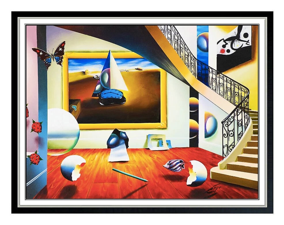 Ferjo Signed Original Large Oil Interior Miro Painting on Canvas Framed Art: This lot includes:Gallery COA & inhouse shipping (*insurance and international shipping for an additional charge)Artist: FerjoTitle: Stairway to MiroMedium: Stairway to MiroSize: 30" x 40"Framed: 40"