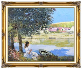 An He Signed Original Oil Hans Amis Portrait Landscape Painting on Canvas Framed