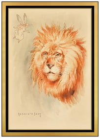 Harrison Cady Signed Original Gouache Lion Animal Portrait Painting Framed Art