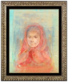 Edna Hibel Signed Original Oil Portrait Painting on Board Framed Art