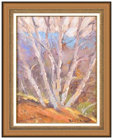 Robert C Gruppe Signed Original Oil Vermont Birch Tree Landscape Painting Canvas