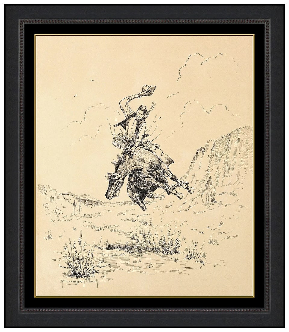 Robert Farrington Elwell Signed Original Horse Western Drawing Framed Art (1 of 4)