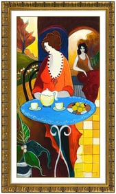 Itzchak Tarkay Signed Original Mixed Media Female Cafe Painting Framed Art