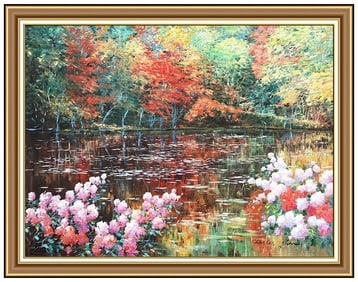 Charles Zhan Signed Original Large Oil Floral Landscape Painting on Canvas Framed