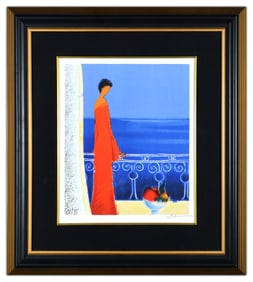 Emile Bellet Signed Serenite Blue Color Lithograph Floral Portrait Framed Art