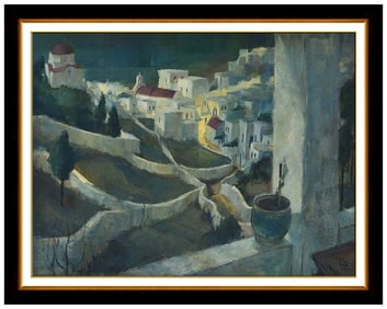 George Botich Signed Original Oil Greece Cityscape Painting on Board Framed Art