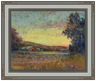 Robert Eberle Signed Original Oil Landscape Barn Painting on Canvas Framed Art