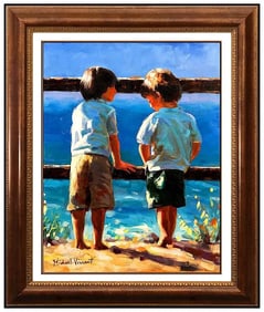 Michael Vincent Signed Original Oil Child Boys Landscape Painting on Canvas Art