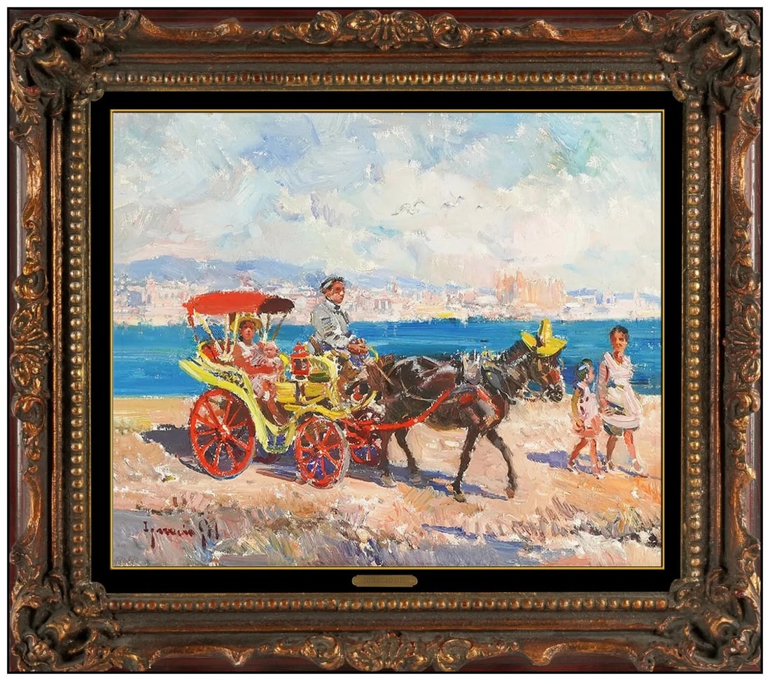 Ignacio Gil Y Sala Signed Original Oil Beach Landscape Painting on Canvas Framed: This lot includes:Gallery COA & In-house Shipping (*insurance and international shipping for an additional charge)Artist: Ignacio Gil y SalaTitle: Burro Beach Ride Medium: Oil Painting on canvasSize: