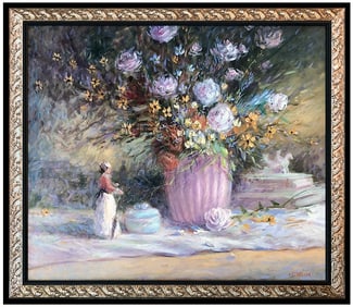 Tom Perkinson Signed Original Oil Floral Still Life Painting on Canvas Framed Art