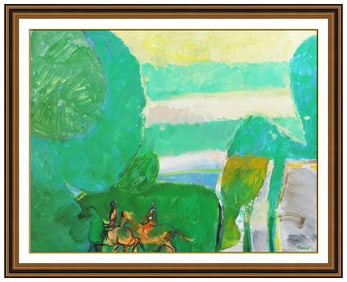 Albert Zavaro Signed Original Large Oil Horse Landscape Painting on Canvas Framed