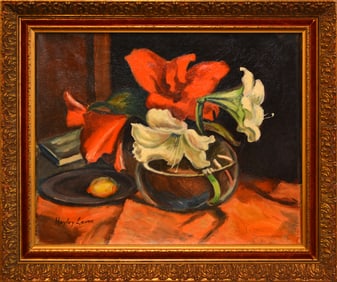Hayley Lever Signed Original Red and White Oil Still Life Painting on Canvas Art